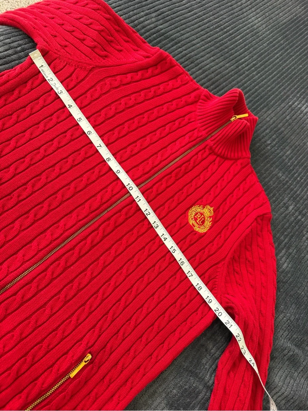 Ralph Lauren Bright Red Cable-Knit Zip Cardigan with Crest